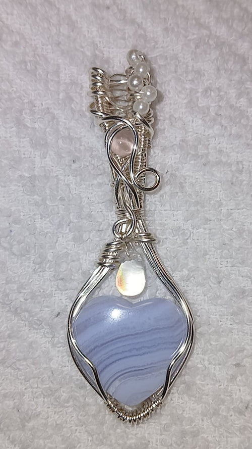 Blue Lace Agate Heart with Rose Quartz & Pearl Accents