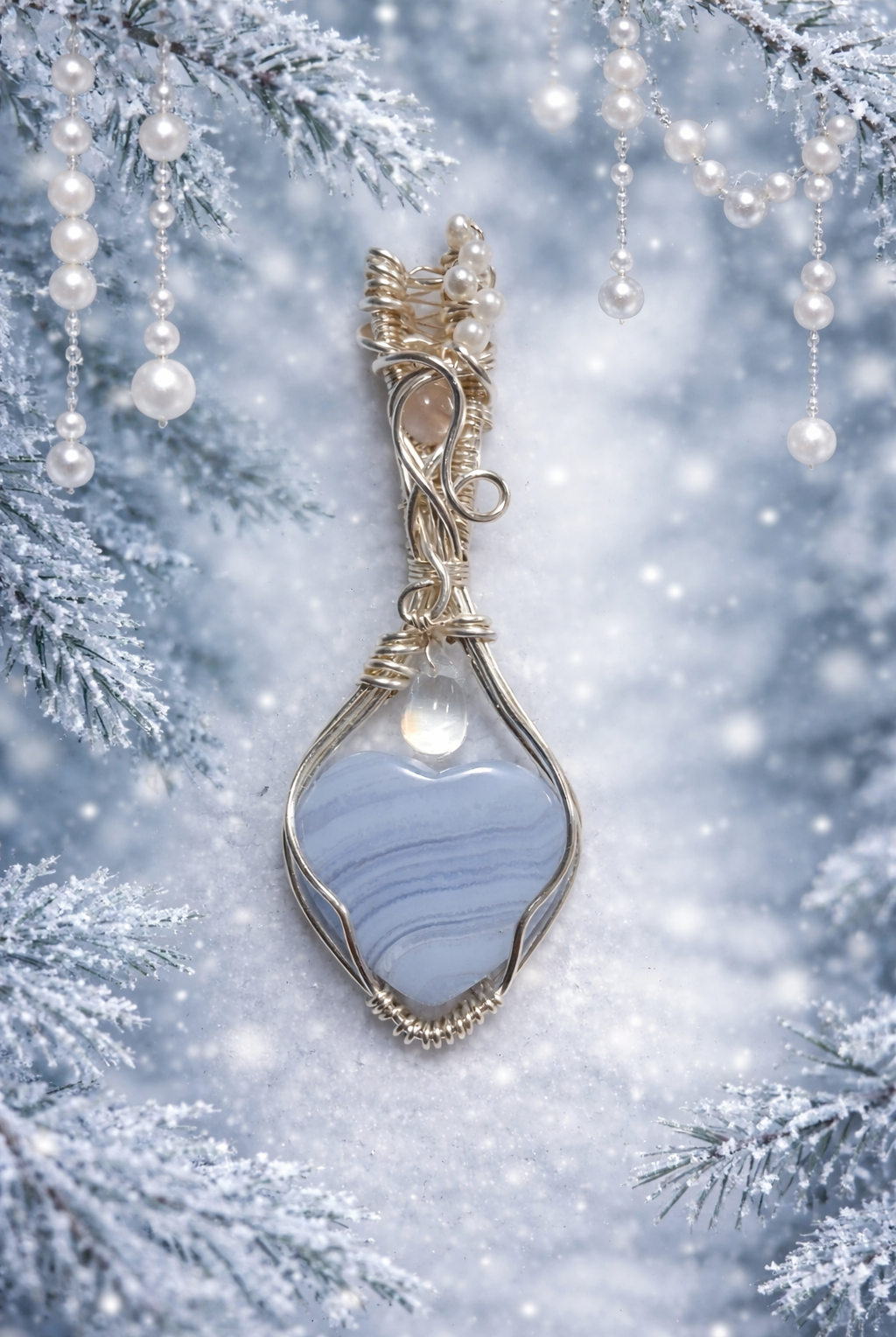 Blue Lace Agate Heart with Rose Quartz & Pearl Accents