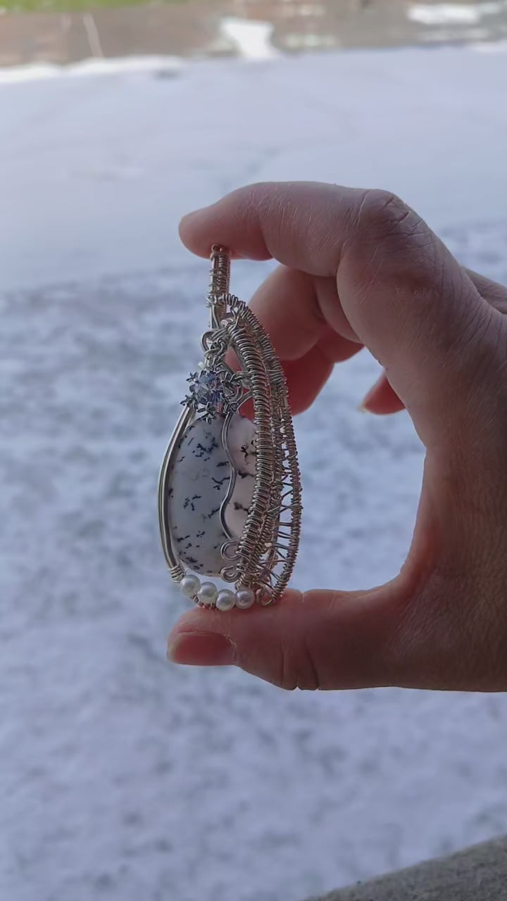 Dazzling Dendritic Opal Pendant with Pearl & Cubic Zirconia Snowflake Charm Accents